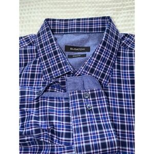 Bugatchi Button Up Shirt Mens XL Blue Purple Plaid Shaped Fit Long‎ Sleeve